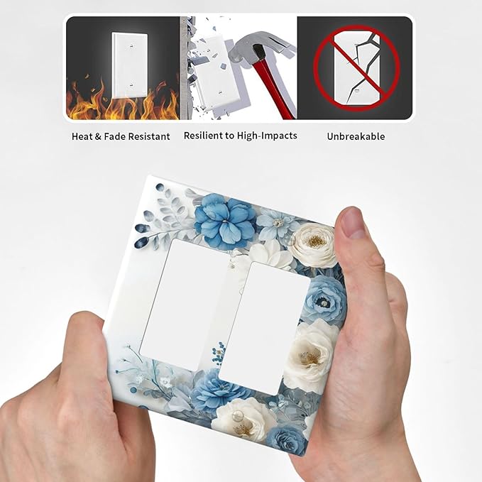 Decorative Outlet Covers Blue Rose White Flowers Rustic Floral 2 Gang Wall Plate Double Rocker Two Switch Wall Cover Plate Jumbo Dual Electrical GFCI Face Plate for Switch Decor