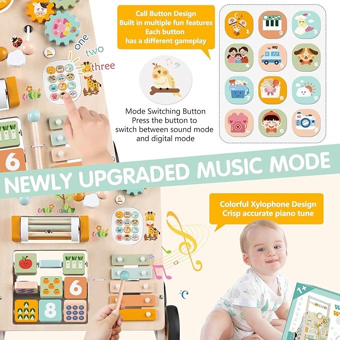 Wooden Baby Walker with Wheels, Push Walker with Baby Activity Center, Montessori Walking Toy for Girls Boys, Adjustable Speed & Height Activity Toy for Toddler Learning to Walk 12+ Months (Natural)