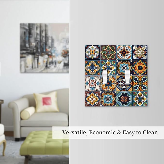 Mexican Talavera Tiles Floral Decorative Switch Plates 2 Gang Double Toggle Outlet Light Switch Cover Wall Plate Electrical Faceplate for Bathroom Kitchen Decor