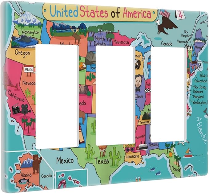 American Map 3 Gang Triple Rocker/Decor Light Switch Wall Plate Cover Decorative Electrical Faceplate for Kids Living Room Bedroom Decor Screwless 6.57" x 4.65