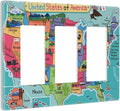 American Map 3 Gang Triple Rocker/Decor Light Switch Wall Plate Cover Decorative Electrical Faceplate for Kids Living Room Bedroom Decor Screwless 6.57" x 4.65