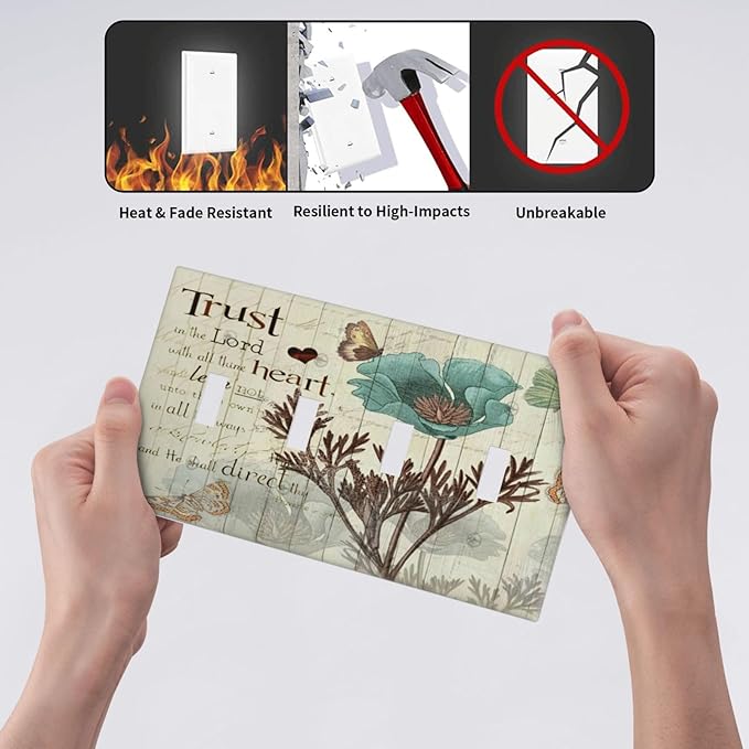 Rustic Elegant Teal Tulip Bible Inspirational Quote Light Switch Covers Quad Toggle Electrical Faceplate 4 Gang Wall Plate Decorative Switch Plates Cover for Farmhouse Bedroom Decor