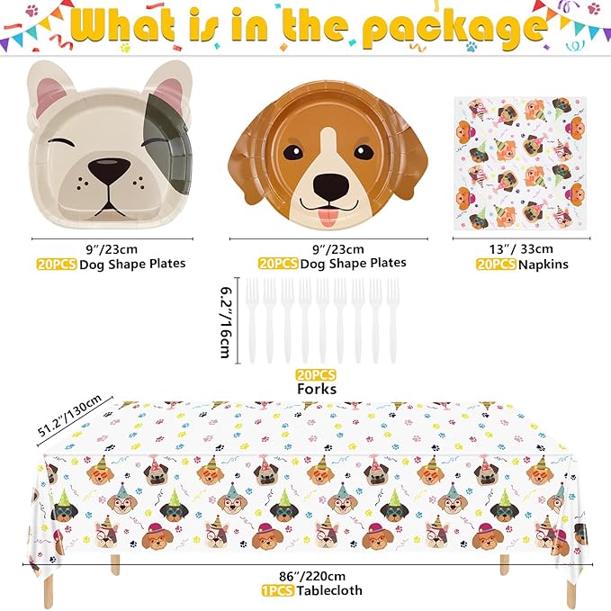 81 Pcs Dog Party Decorations - Including Plates, Napkins, Puppy Tablecloth, Black Plastic Forks for Kids Puppy Dog Themed Birthday Party Supplies, Serve 20