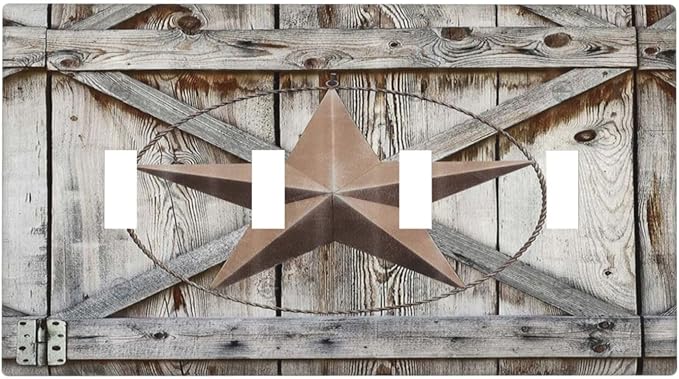 Rustic Western Texas Star Barn Door Quad Toggle Light Switch Cover Decorative Vintage Country Wood 4 Gang Wall Plate Electrical Faceplate Switchplate for Farmhouse Bathroom Home Living Room Decor