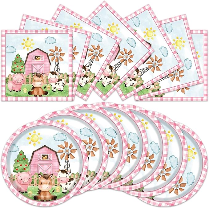 40Pcs Farm Animal Birthday Decorations Tableware Set Cute Pink Animal Disposable Plates Napkins Serves 20 Barn Animal Theme Girls Birthday Baby Shower Party Decorations