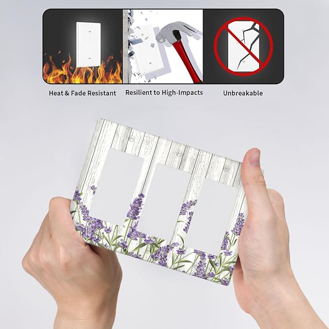 Rustic Wooden Plank Lavender 3 Gang Wall Plate Triple Rocker Light Switch Cover Decorative Switch Plates Outlet Covers Electrical GFCI Faceplate for Bedroom Bathroom Kitchen Art Decor Accessories