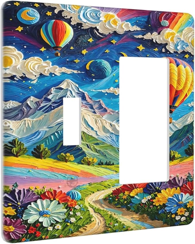 Hot Air Balloons Floral Vibrant Colors Flowers Mountains Stars Moon Outlet Covers 1 Toggle 1 Rocker Combination Electrical Switch Plates Light Switch Cover Plate Decorative Wall Plate for Bedroom