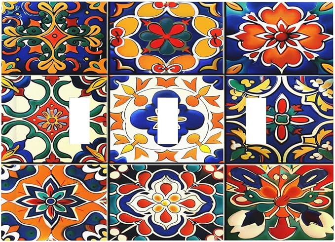 Decorative Switch Plates Colorful Mexican Talavera Vintage Boho Floral 3 Gang Wall Plate Triple Toggle Light Switch Cover Faceplate Electrical Wall Panels For Farmhouse Cabin Decor