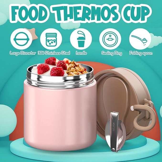 Thermo for Hot Food Kids - 15.2oz, Leak Proof Insulated Food Jar, Soup Thermo, Insulated Lunch Containers, Termos Para Comida Caliente, Wide Mouth Lunch Box with Folding Spoon and Handle