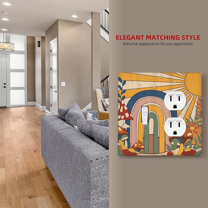 Wallplates Mushroom Hippie Sun Rainbow Vintage Floral Funky Boho 1 Toggle 1 Duplex Switch Plate Electrical GFCI Faceplate Decorative Light Switch Covers for Bedroom Kids room Decor