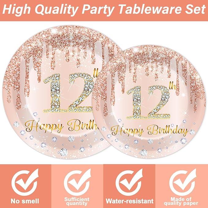 96 Pcs Rose Gold 12th Birthday Party Plates and Napkins for Girls Rose Gold Party Supplies Pink Happy 12 Years Birthday Party Tableware Set for 24 Guests Party Decorations