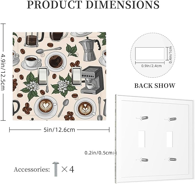 Whimsical Coffee Shop Double Toggle Switch Cover - 2-Gang Standard US Size Vintage Coffee Pattern Light Switch Covers, Café Culture Espresso for Dining Room Decor