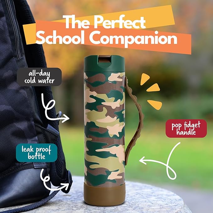 Elemental Iconic Kids Water Bottle for School - 100% Leak-Proof Insulated Water Bottles with Straw Lid & Pop-It Handle for Boys & Girls - Triple-Wall Insulated & BPA-Free, 20oz – Green Camo