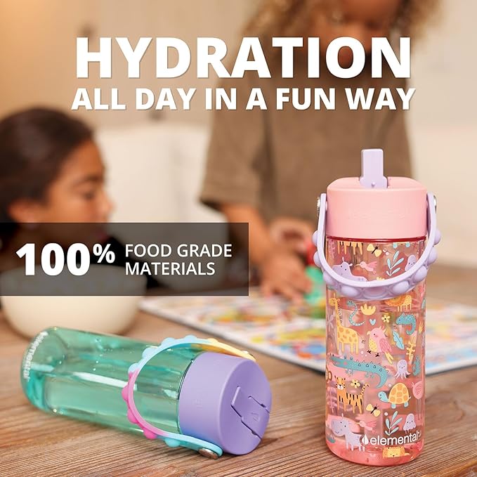 Elemental Water Bottles for Kids - Splash Kids Water Bottle for School with Pop-it Handle - BPA Free Tritan Plastic Water Bottle with Straw Leak Proof when Spout is Closed -Pink Safari - 18oz