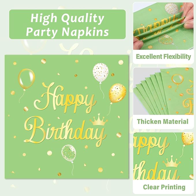 Qyeahkj 100 Pcs Sage Green Birthday Party Supplies Olive Green Gold Paper Plates Napkins Forks Tableware Set Disposable Greenery Happy Birthday Party Decorations for Women Men Girls Favors Serve 25