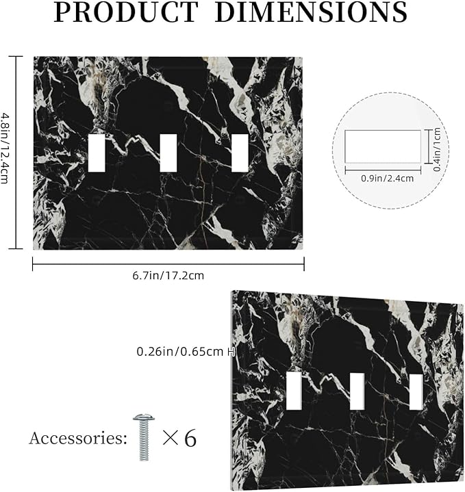 Black Marble Patterns Low Key Luxurious Decorative Switch Plates 3 Gang Wall Plate Triple Toggle Light Switch Cover Faceplate Electrical Wall Panels for Bathroom Kitchen Decor