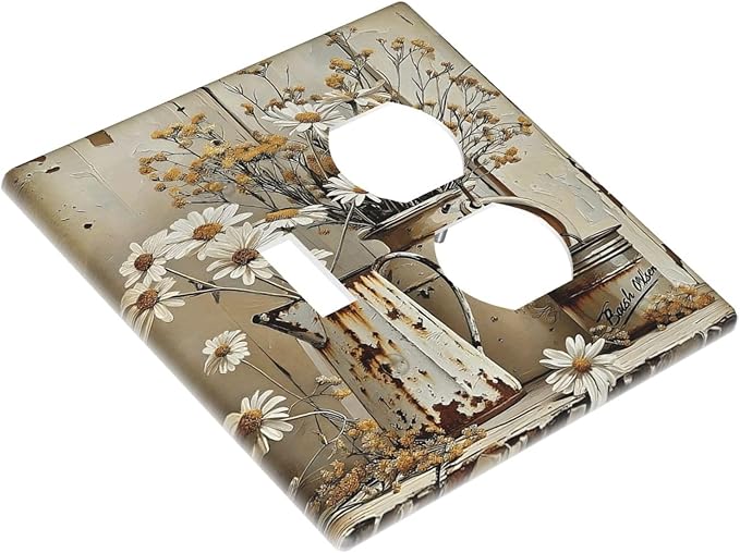 Rustic Flowers Daisy Floral White Wooden Planks Wallplates 1 Toggle 1 Duplex Switch Plate Electrical GFCI Faceplate Decorative Light Switch Covers for Farmhouse Home Decor