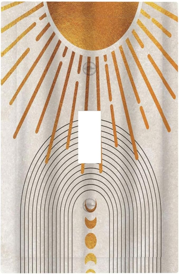 Mid Century Gold Sun Abstract Arch Boho Moon 1 Gang Light Switch Covers Decorative Unique Single Toggle Wall Plate Switchcover Electrical Switchplate for Kitchen Bathroom Bedroom Decor
