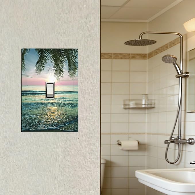 Tropical Beach Sunset 1-Gang Toggle Light Switch Plate, Palm Fringe Ocean View Decorative Wall Plate for Pool Beach House Decor
