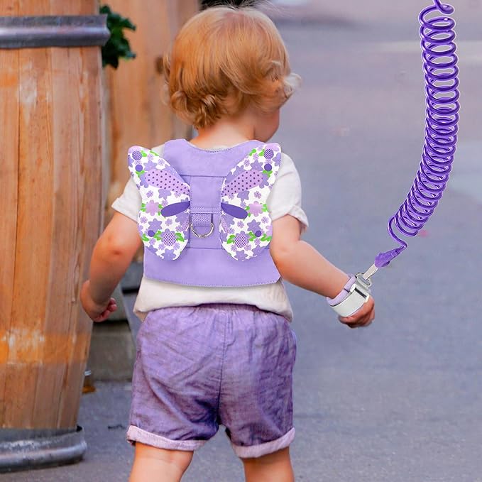 Toddler Harness Leash + Anti Lost Wrist Link, Accmor Kids Butterfly Harnesses with Children Leashes, Cute Baby Leash Walking Assistant Wristband Strap Tether for Girls Outdoor (Purple)