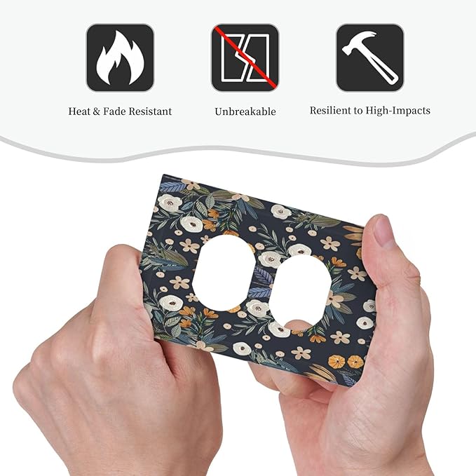 Boho Leaf Floral Navy Blue Background Single Duplex Wall Plate Covers Light Switch Cover 1 Gang Outlet Plate Decorative Switchplate Covers Electrical Faceplate for Farmhouse Bedroom Bedroom Decor