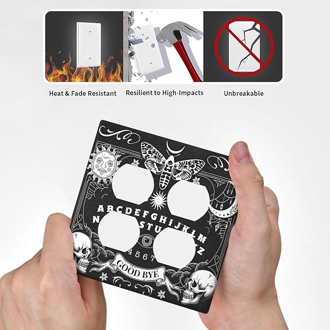 Black Witchy Skeleton Skull Gothic Sun Moon Outlet Covers 2 Gang Double Duplex Decorative Light Switch Covers Electrical Wallplates Socket Faceplate for Bedroom Living Room Decor