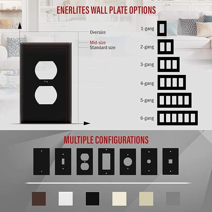 ENERLITES Mid-Size Duplex Receptacle Wall Plate, Electrical Outlet Covers, Gloss Finish, Midway Size 1-Gang 4.88" x 3.11", Polycarbonate Thermoplastic, UL Listed, 8821M-BK-10PCS, Black, 10 Pack