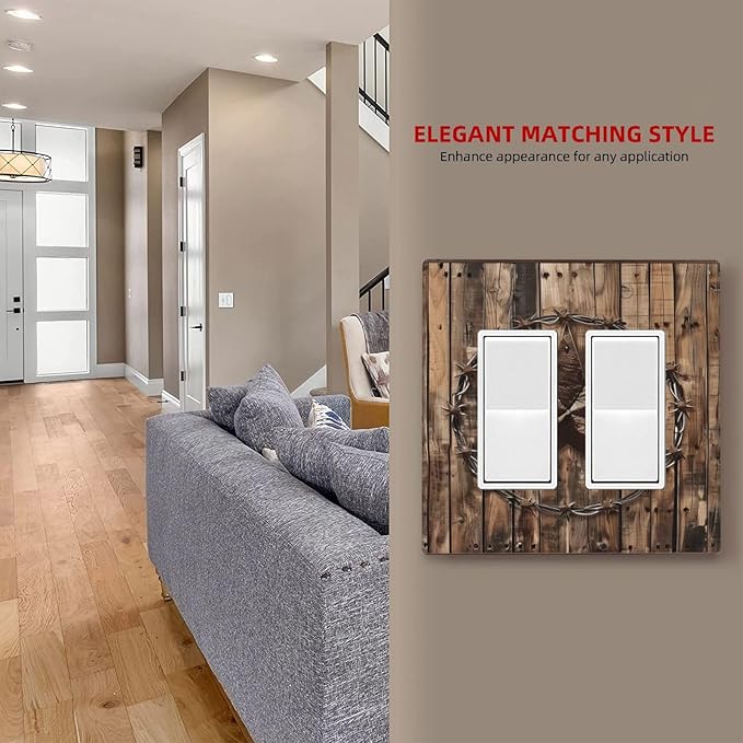 Outlet Covers Rustic Star Western Cowboy Wood 1 Gang Duplex Light Switch Cover Plate Decorative Wall Plates Electrical Switchplate Receptacle for Farmhouse Home Decor（2 Pack）