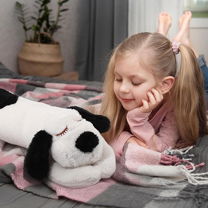 Queekay Dog Body Pillow Stuffed Animals Plush Long Body Pillow for Dogs Large Sleeping Hugging Puppy Cushion Gift for Birthday Party(23.6 Inch,Black and Beige)