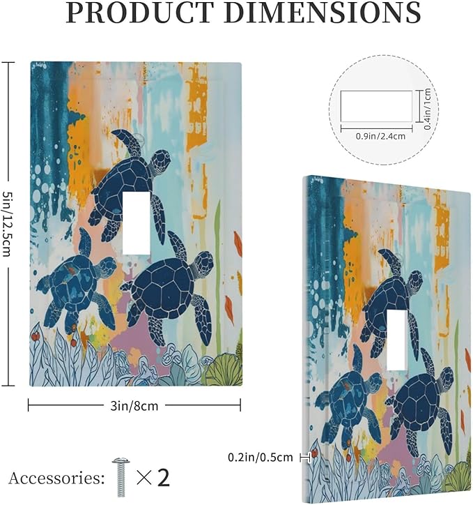 Decorative Light Switch Cover Colorful Ocean Sea Turtle Marine Life 1 Gang Single Toggle Device Electrical Faceplate Switchplates Decorator Outlet Wall Plate for Kids room Bedroom Decor