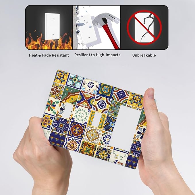 Decorative 3-Gang 2-Toggle 1-GFCI/Decorator Combination Light Switch Cover Kitchen Yellow/Blue Mexican Tile, Sun Moon Moroccan Boho Tile Combo Double Toggle Switches/Rocker Outlet Cover and Wall Plate