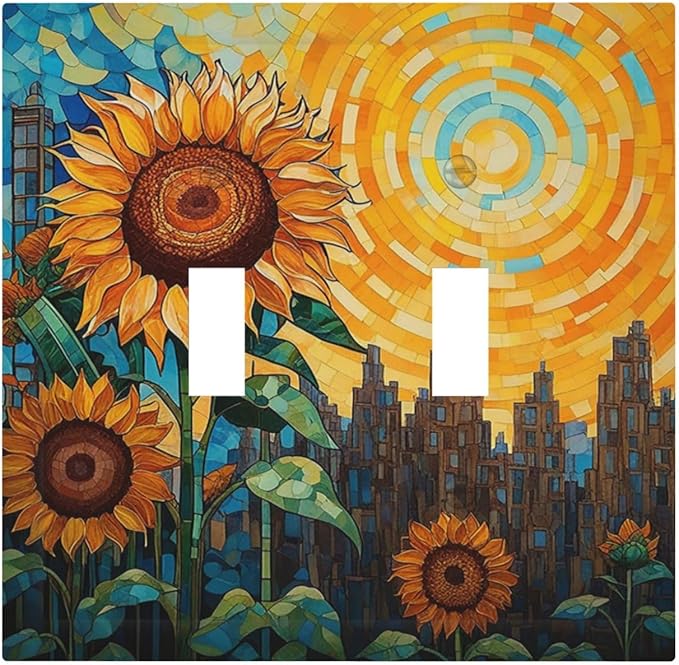 Abstract Sunflower Graffiti Floral Paint Art Flower Decorative Switch Plates 2 Gang Double Toggle Wall Plate Electrical Faceplate Outlet Light Switch Cover for Bedroom Living Room Decor