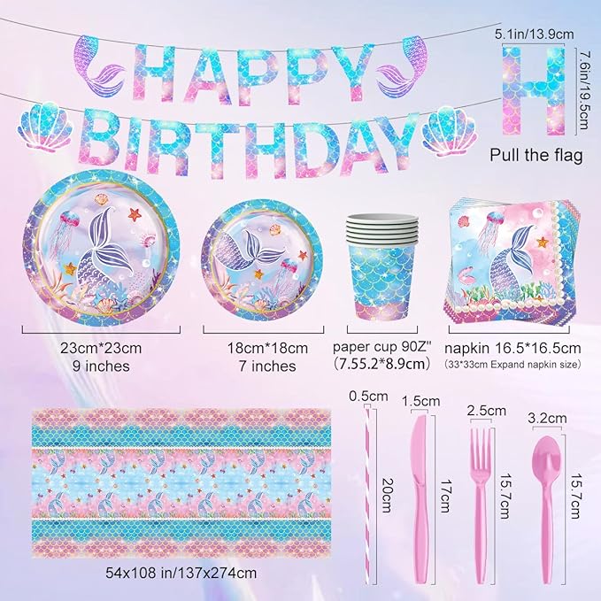 Mermaid Birthday Decorations Disposable Tableware Plates for Baby Shower,Under The Sea Party Supplies Plates,Blue Tableware with Cups,Tablecloth,Banner for Kids Girls,Serve 24