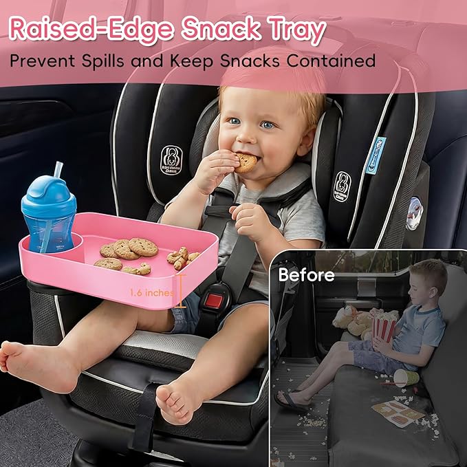 Kids Car Seat Tray, Travel Tray with Cup Holder for Toddler Baby, Kids Car Seat Food Snack Organizer for Road Trip, Stroller Snack Organizer Travel Must Haves Toddler Must Haves (Pink, 2 Packs)