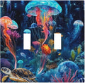 Jellyfish Sea Turtle Fantasy Ocean Coral Underwater World Decorative Switch Plates 2 Gang Double Toggle Outlet Light Switch Cover Wall Plate Electrical Faceplate for Nursery Kids Room Decor