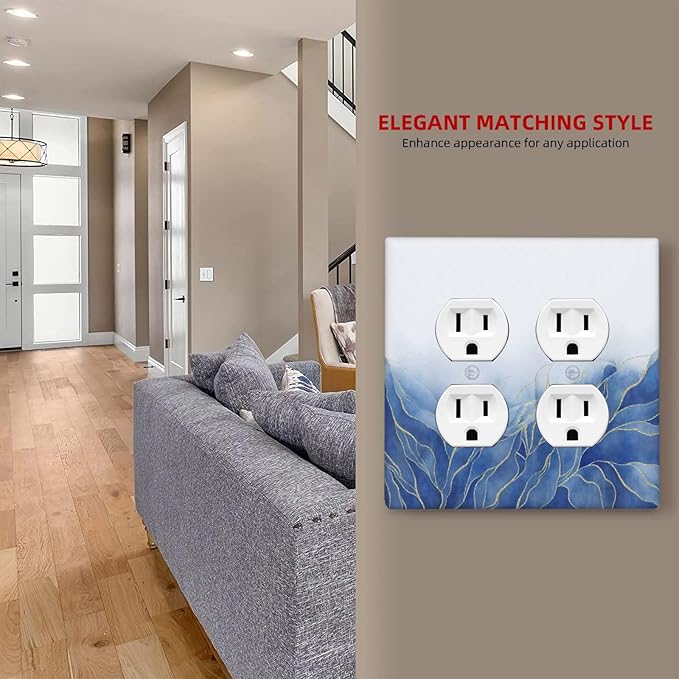 Decorative Light Switch Cover Plate Blue Gold Leaf Marble Modern Abstract 2 Gang Decorative Switch Plates 1 Toggle Duplex Combo Outlet Covers GFCI Plug Covers Wallplates for Kitchen Bathroom Decor