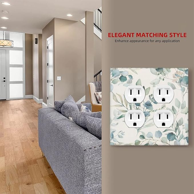 Boho Green White Eucalyptus Leaf Floral Outlet Covers 2 Gang Double Duplex Decorative Light Switch Covers Electrical Wallplates Socket Faceplate for Farmhouse Living Room Decor
