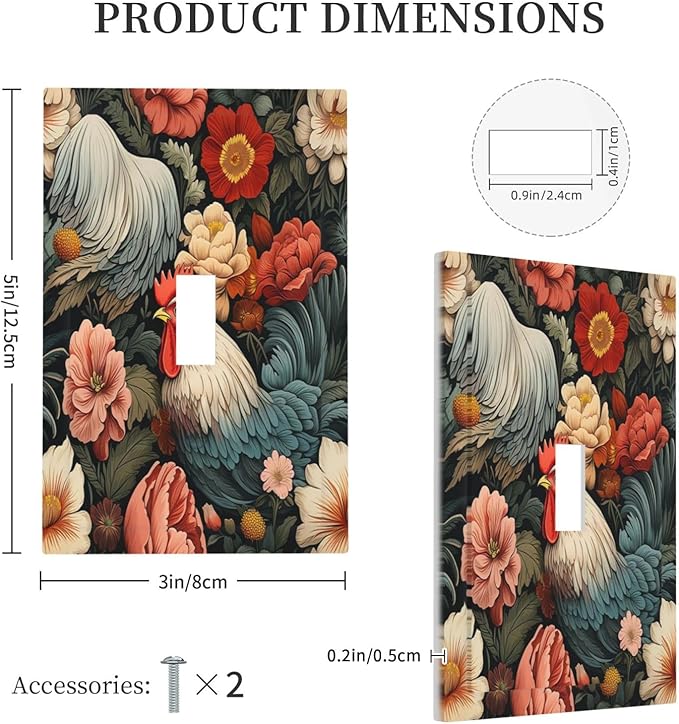 Decorative Light Switch Cover Rooster Flowers Red White Chicken Floral 1 Gang Single Toggle Device Electrical Faceplate Switchplates Decorator Outlet Wall Plate for living Room Farmhouse