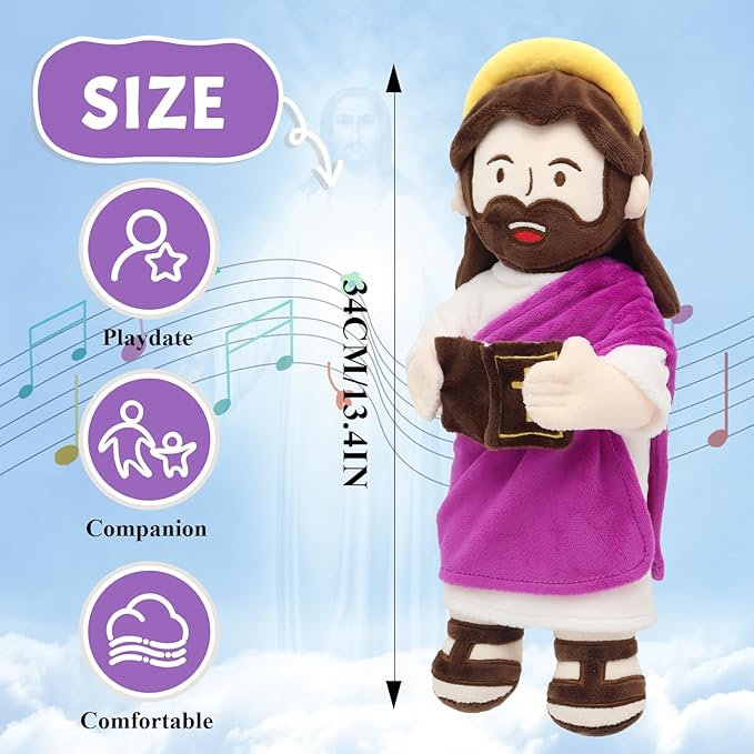 Yelakey Jesus Plush Talking Doll with Halo,Speak 20 Bible Verses & 20 Songs,13.4" Interactive Hymn Stuffed Plushie Perfect Religious Gift for Kids Sunday School & Easter Celebrations(Purple)