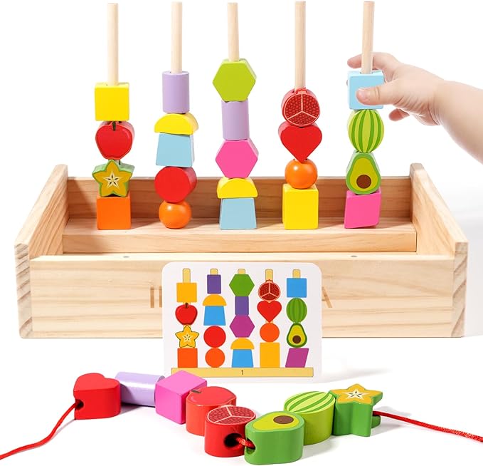 INIFEIDALA Montessori Toys for 3 4 5 Year Old, Stacking Blocks, Lacing Beads & Shape Stacker, Wooden Peg Board Beads Set, Fine Motor Skills & STEM Preschool Learning Gifts for Toddlers Boys & Girls