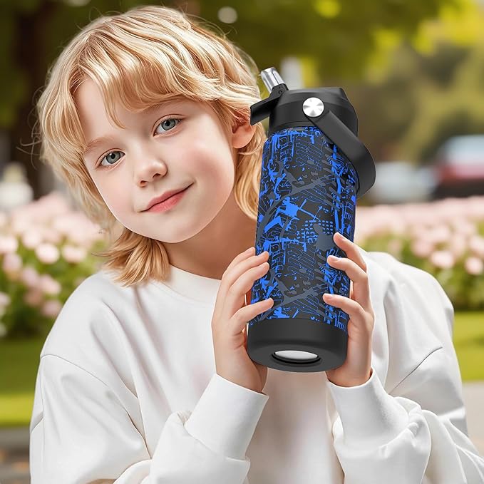 Boys Water Bottle with Straw,18 oz Kids Insulated Cups with Stainless Steel Leak Proof for School,Sport&Travel（Geometry-Blue）