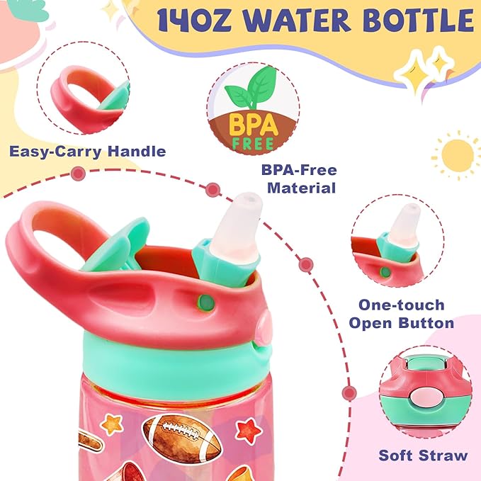 14oz Rugby Car Kids Water Bottle with Straw Lid - Football Water Bottles for Kids, Leakproof, Lightweight, Durable Plastic Bottles for School, Pop-Up Straw Cover, Gift Cup for Girls Boys (Rugby)