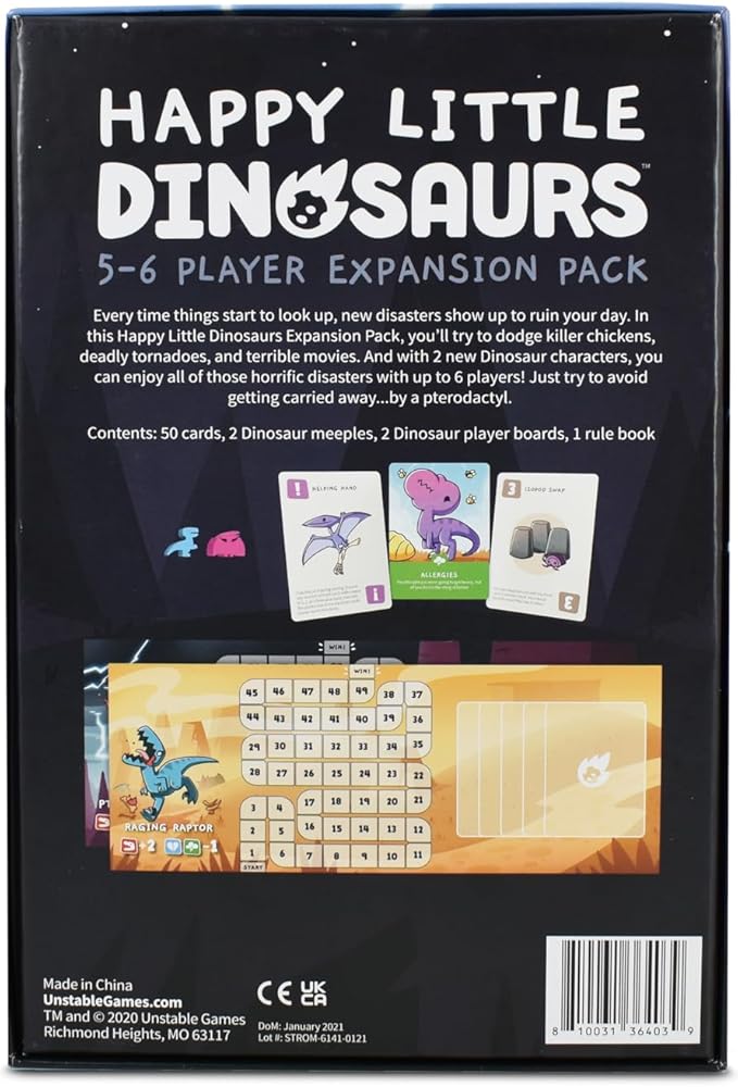 Unstable Games - Happy Little Dinosaurs: 5-6 Player Expansion Pack - Cute card game for kids, teens, & adults - Dodge life’s disasters! - 5-6 players ages 8+ - Great for game night