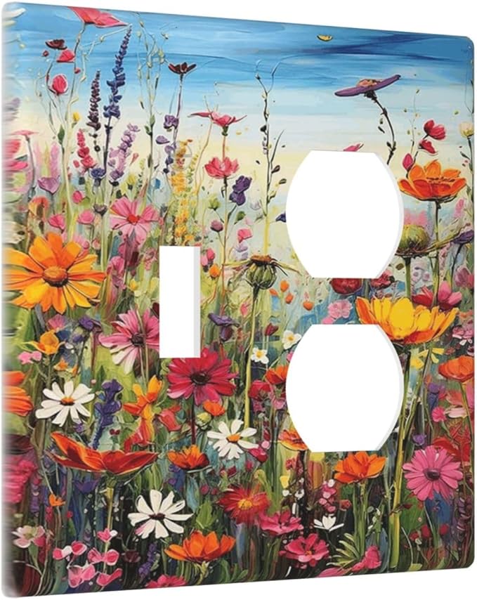 Colorful Wildflowers Painting Floral Flower Wallplates 1 Toggle 1 Duplex Switch Plate Electrical GFCI Faceplate Decorative Light Switch Covers for Bedroom Living Room Decor