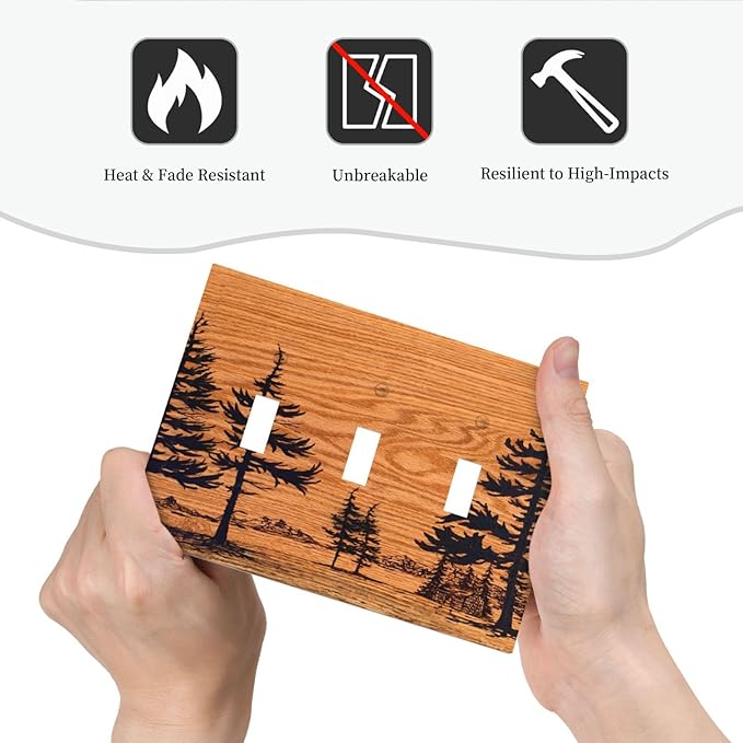 Pine Forest Natural Scenery Silhouette Wood Grain Decorative Switch Plates 3 Gang Wall Plate Triple Toggle Light Switch Cover Faceplate Electrical Wall Panels for Farmhouse Home Decor