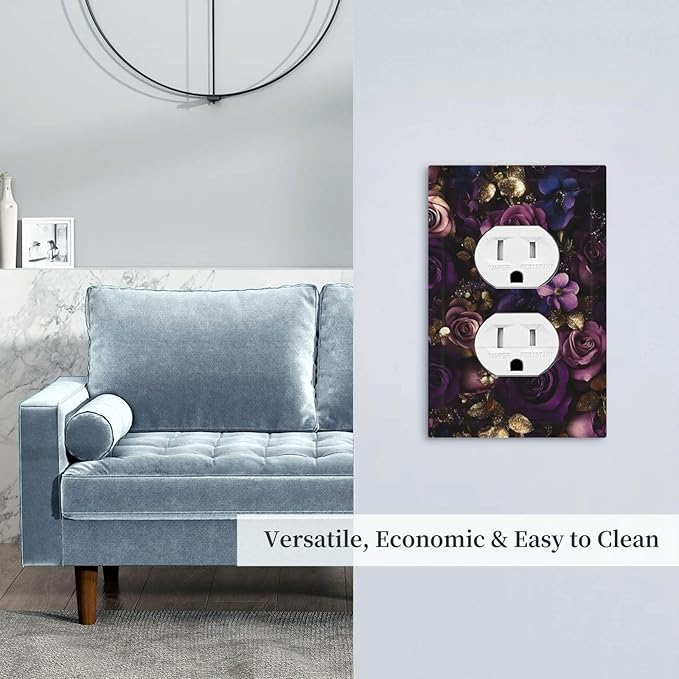 Decorative Outlet Covers with Luxurious Purple Roses Gold Accents Leaves Design 1 Gang Duplex Light Switch Cover Plate Unique Wall Plates Switchplate Cover for Romantic Bedroom/Living Room