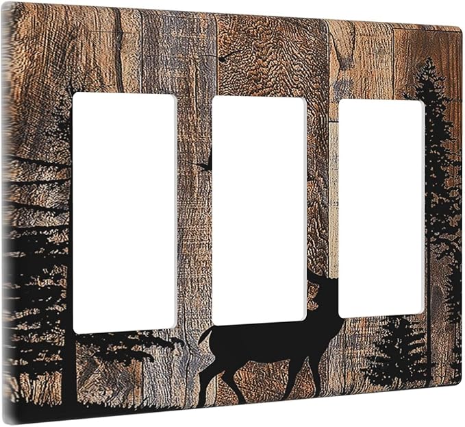Light Switch Covers Rustic Forest Antler Elk Deer Silhouettes Animals Wood Grain 3 Gang Rocker Electrical GFCI Decorative Triple Outlet Wall Plate Cover Switchplate for Farmhouse Home Decor