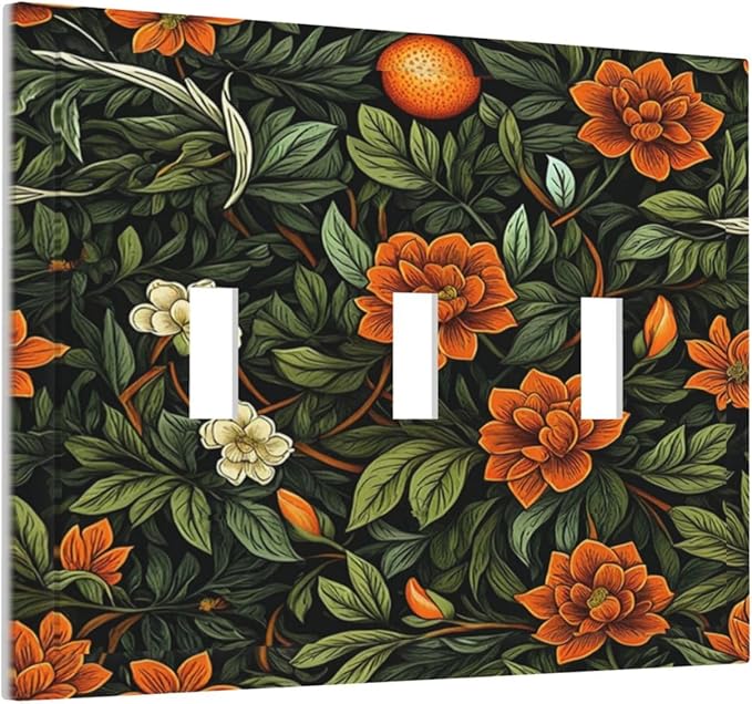 Light Switch Cover Plate William Morris Orange Flowers Rustic Leaves Floral 3 Gang Triple Toggle Decorative Switch Plates Wall Plates Electrical Switchplate Faceplate for Bathroom Bedroom