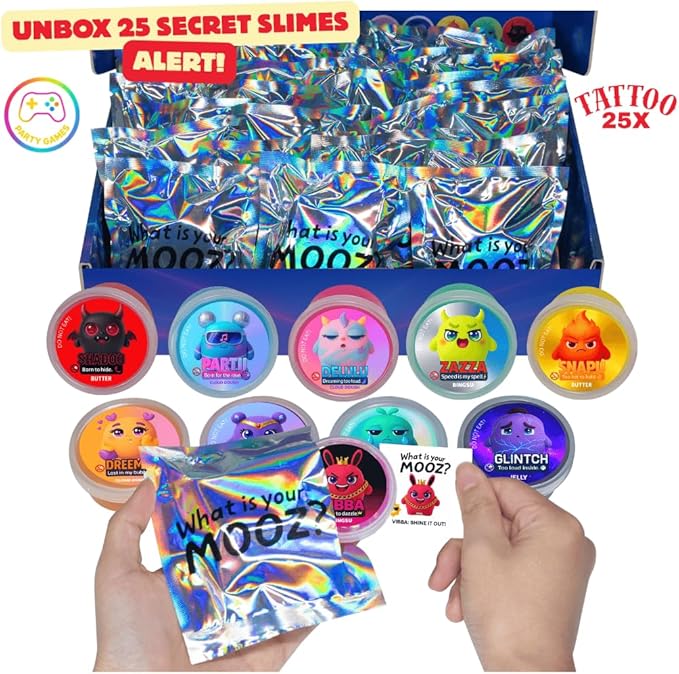 Mini Slime Party Favors for Kids -25 Blind Bag –Cloud/Butter/Crunchy/Galaxy Slime with Fake Tattoos, Sensory Toys for Girls & Boys, Xmas Gifts, Goodie Bag Stuffers, Birthday Party, Classroom Prizes