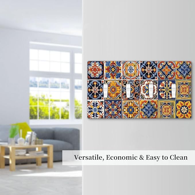 Mexican Talavera Tiles Flower Vintage Light Switch Covers Quad Toggle Electrical Faceplate 4 Gang Wall Plate Decorative Switch Plates Cover for Kitchen Bathroom Decor